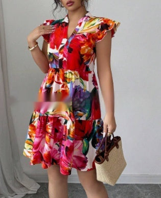 Womens Printed Notched-Neck Dress