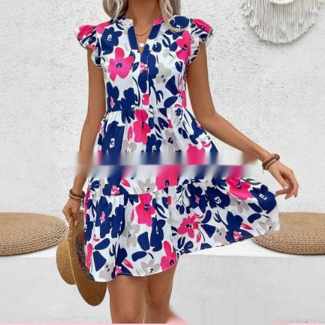 Womens Printed Notched-Neck Dress