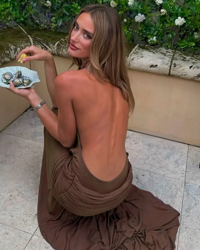 Womens Backless Patchwork Split Dress