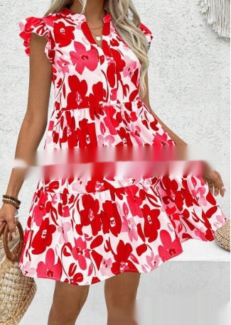 Womens Printed Notched-Neck Dress