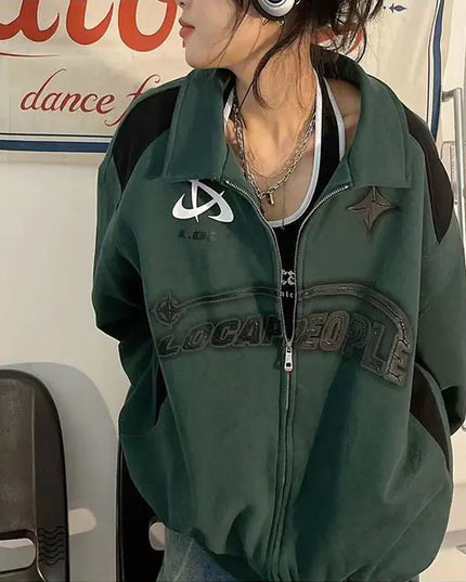 Korean Streetwear Green Hoodie for Women