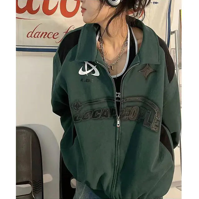 Korean Streetwear Green Hoodie for Women