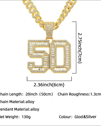Mens Fashion Full Diamond Number 50 Pendant Necklace