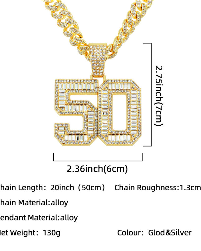 Mens Fashion Full Diamond Number 50 Pendant Necklace