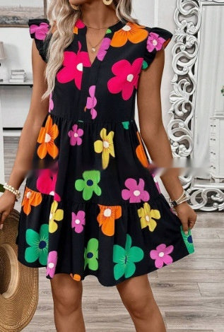 Womens Printed Notched-Neck Dress