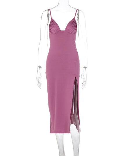 Spaghetti Strap Dress with Split Design Deep V-Neck Sleeveless Backless Bodycon Party Dresses for Womens Clothing
