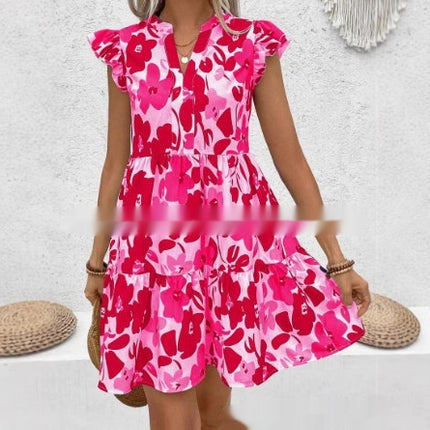 Womens Printed Notched-Neck Dress