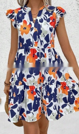 Womens Printed Notched-Neck Dress