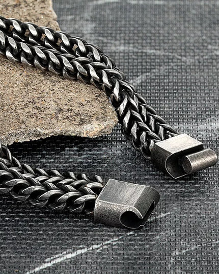 Black Vintage Mens Bracelet Punk Double Chain Stainless Steel