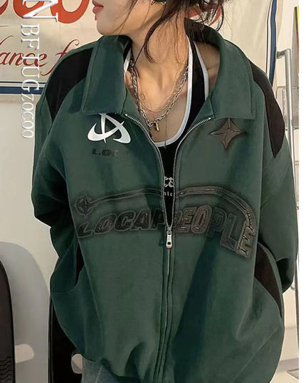 Korean Streetwear Green Hoodie for Women