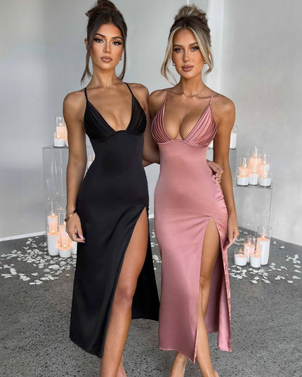 Spaghetti Strap Dress with Split Design Deep V-Neck Sleeveless Backless Bodycon Party Dresses for Womens Clothing