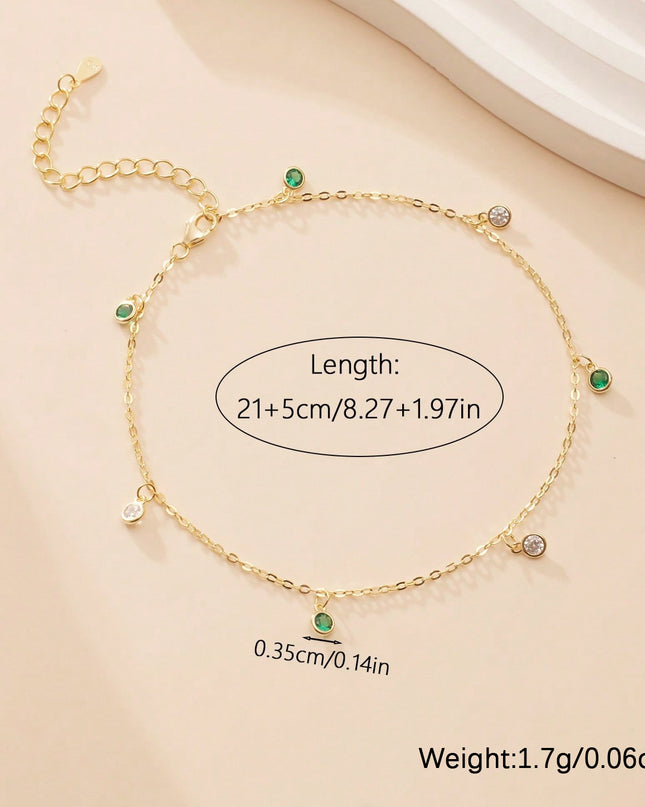 Fresh And Minimalist 925 Silver White And Green Zircon Pendant Ankletperfect For Womens Everyday Jewelry